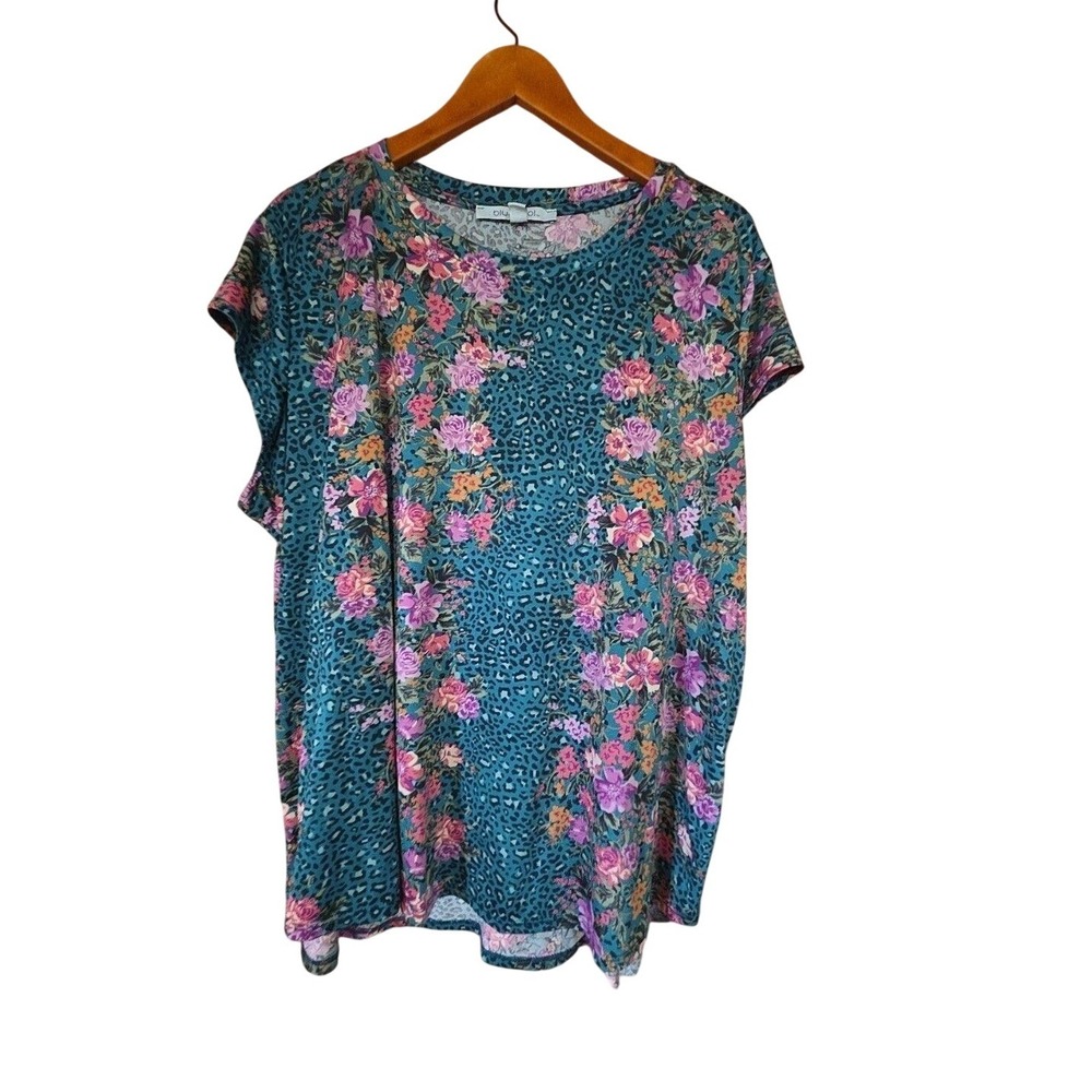Blue Sol Shirt Womens Plus 3X Blue Crew Neck Short Sleeve Floral Tunic Top
